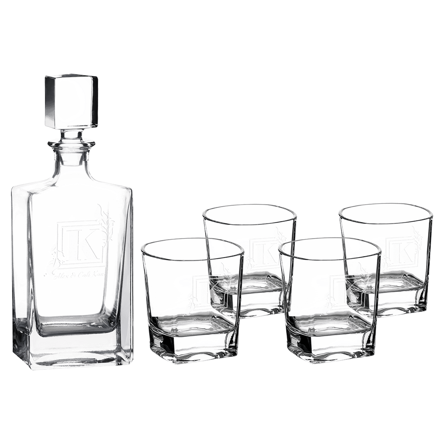Engraved Glass Decanter Set with Two Rocks Glasses